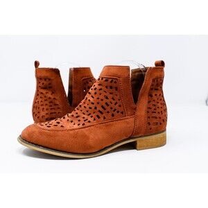 TG Womens Shoes Booties 7.5 Block Heel Burnt Orange rust Faux suede cutout boots